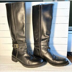 J.Crew Women’s Black Leather Riding Boots Size 7 Tall Zip Buckle Equestrian